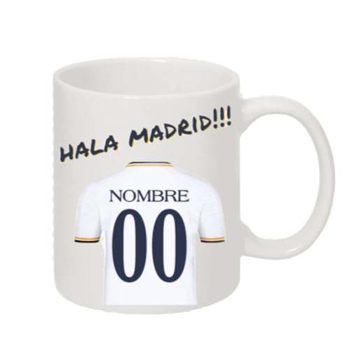 Taza personalizada del Madrid - Regalos originales - Regalos futbol - Camiseta equipos de futbol - Personaliza tu taza con tu nombre y tu numero - Regalos niños R Madrid